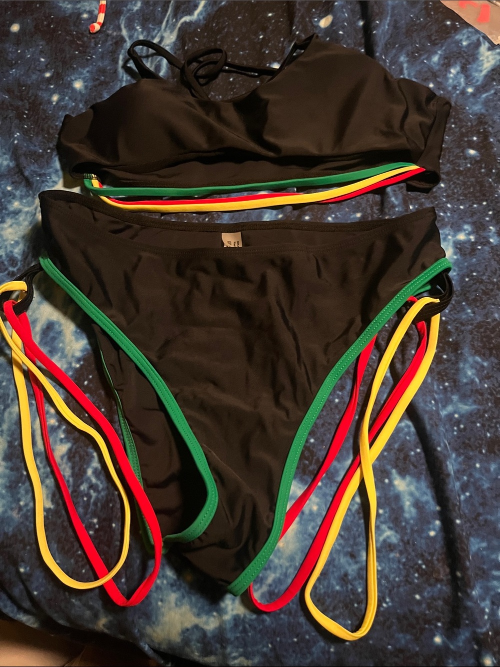 Black Strappy Women’s Bikini Set with Red, Yellow & Green Accents